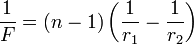 \frac{1}{F}=(n-1)\left(\frac{1}{r_1}-\frac{1}{r_2}\right)